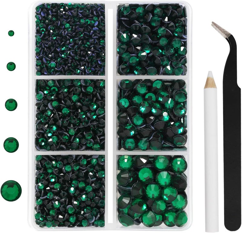 BEADSLAND Hotfix Rhinestones 3960pcs, Green Rhinestone for Clothes, Hot Fix Crystals Rhinestones with Tweezers and Wax Pencil Kit,Mixed 5 Sizes, SS6-SS30, Emerald - Image 1